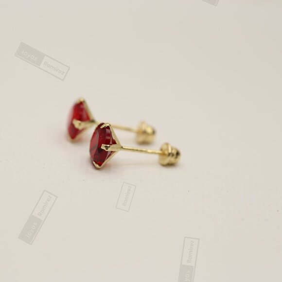 14K Solid Gold 6mm Ruby-Tone CZ Stud Earrings • Fine July Birthstone Jewelry. - Picture 2 of 6